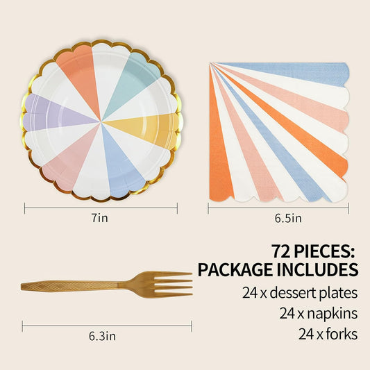 72PCS Colored Paper Plates and Napkins Party Supplies, Gold Foil Edge Scalloped Striped Pastel Plates Napkins Disposable Tableware Set for Birthday Wedding Baby Shower Graduation Party Decoration