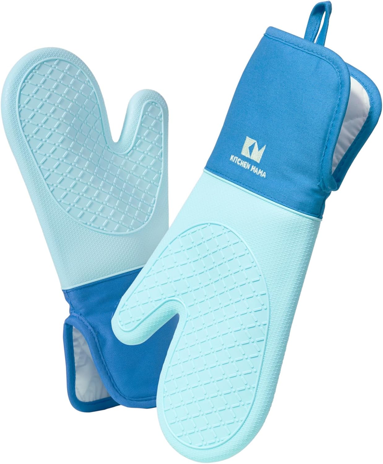 Kitchen Mama UltraShield Silicone Oven Mitts – Heat Resistant, Non-Slip Surface, Durable, Safe, Pot Holders, Flexible Waterproof Glove Set, Perfect for Cooking, Baking, Grilling, BBQ (Blue)