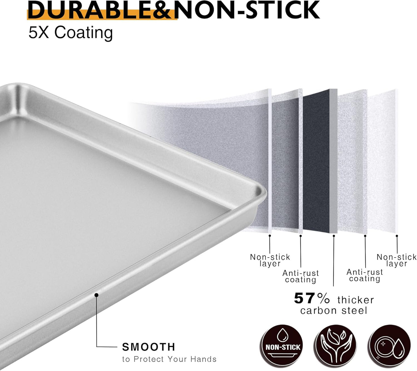 HONGBAKE Half Baking Sheet Pan Set of 2, Nonstick Cookie Sheet for Oven, Heavy Duty 1/2 Commercial Cookie Trays, Dishwasher Safe - Silver