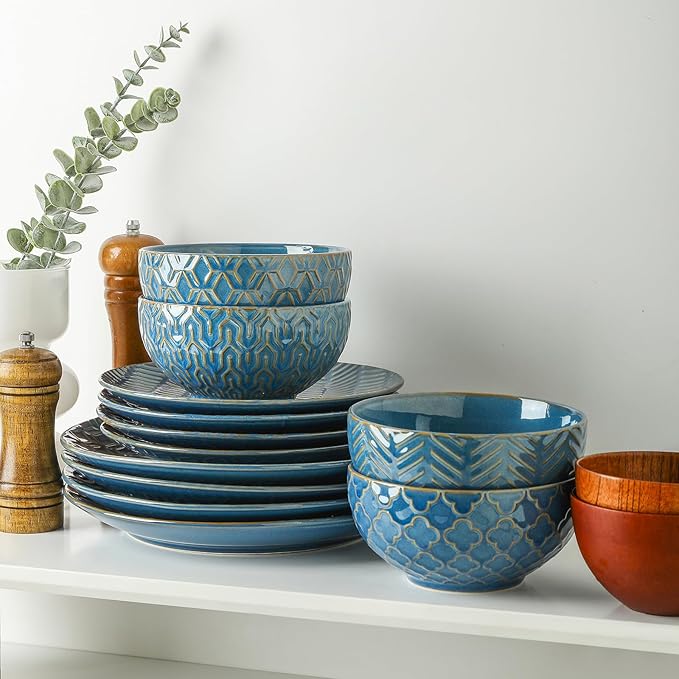 Sureasy 12-Piece Ceramic Dinnerware Set for 4 - Embossed Plates and Bowls Sets, Scratch Resistant Dish Set, Microwave, Oven & Dishwasher Safe, Blue