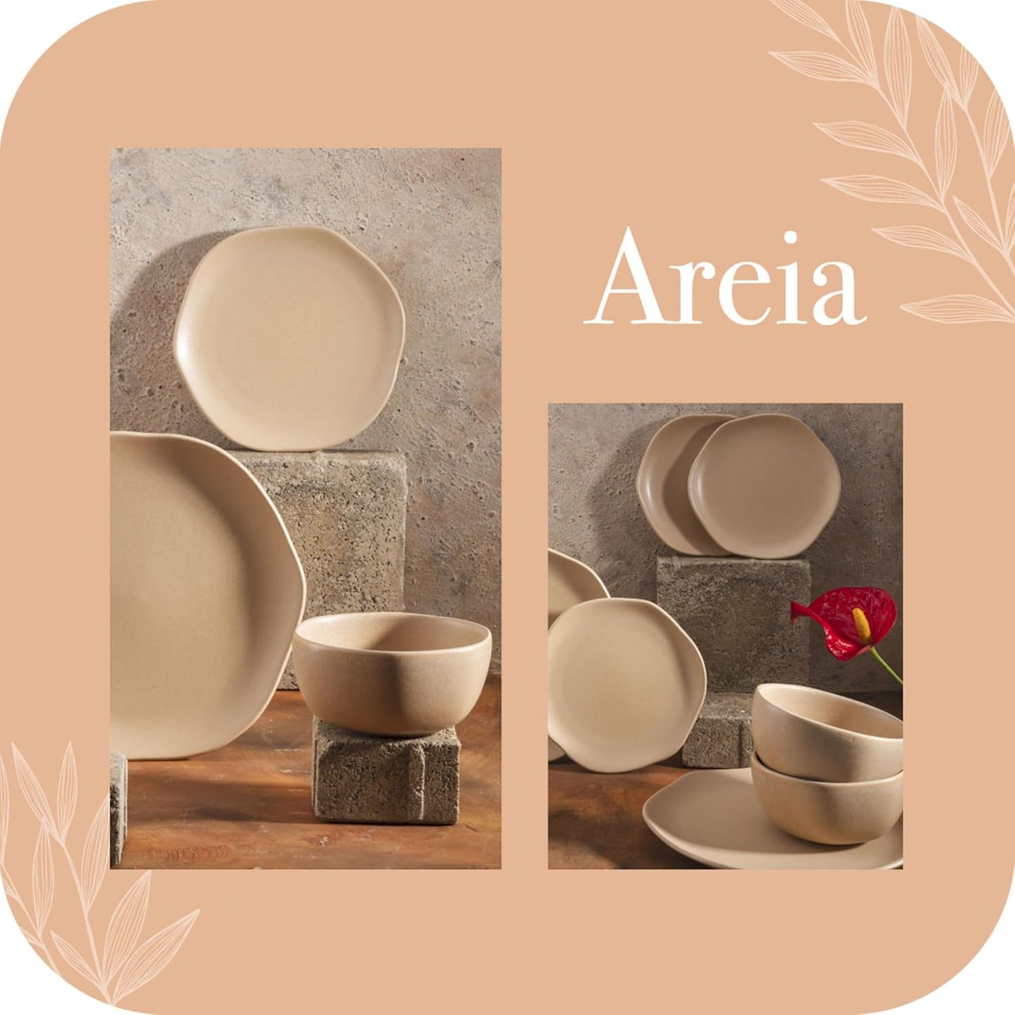 Corona Dinnerware Set 12–piece, Plates and Bowls Set, Ceramic Sets for 4, Microwave and Dishwasher Safe, Areia Modern Organic Shape.