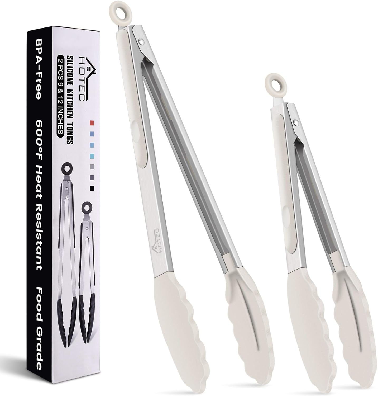 HOTEC Premium Stainless Steel Locking Kitchen Tongs with Silicon Tips, Set of 2-9" and 12",Khaki