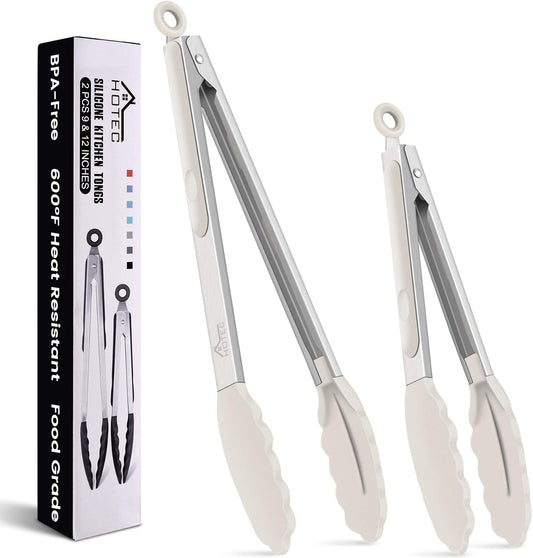 HOTEC Premium Stainless Steel Locking Kitchen Tongs with Silicon Tips, Set of 2-9" and 12",Khaki