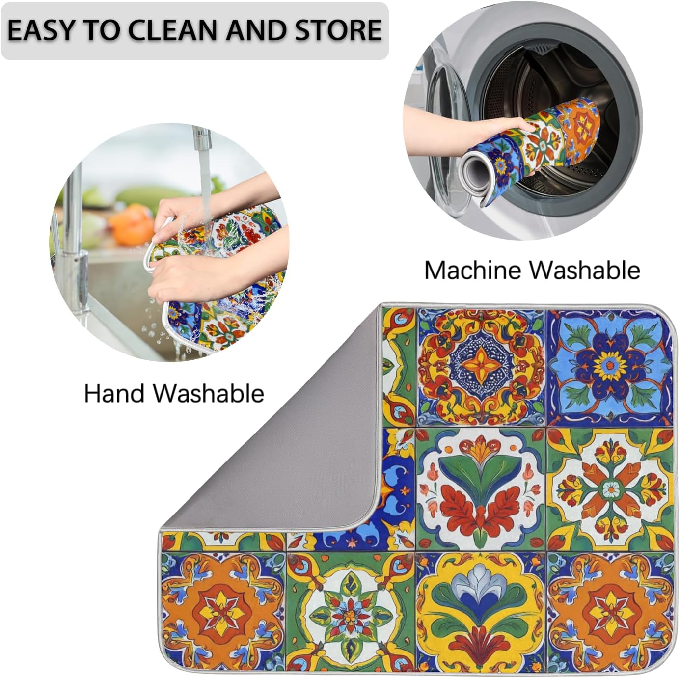 Dish Drying Mats for Kitchen - Super Absorbent Dish Dryer Mat for Countertops Microfiber Dishes Drainer Pad Hide Stain Draining Rack Mat Gadgets for Easy Clean Multi-Use 16"x18" (Mexican Tiles, S)