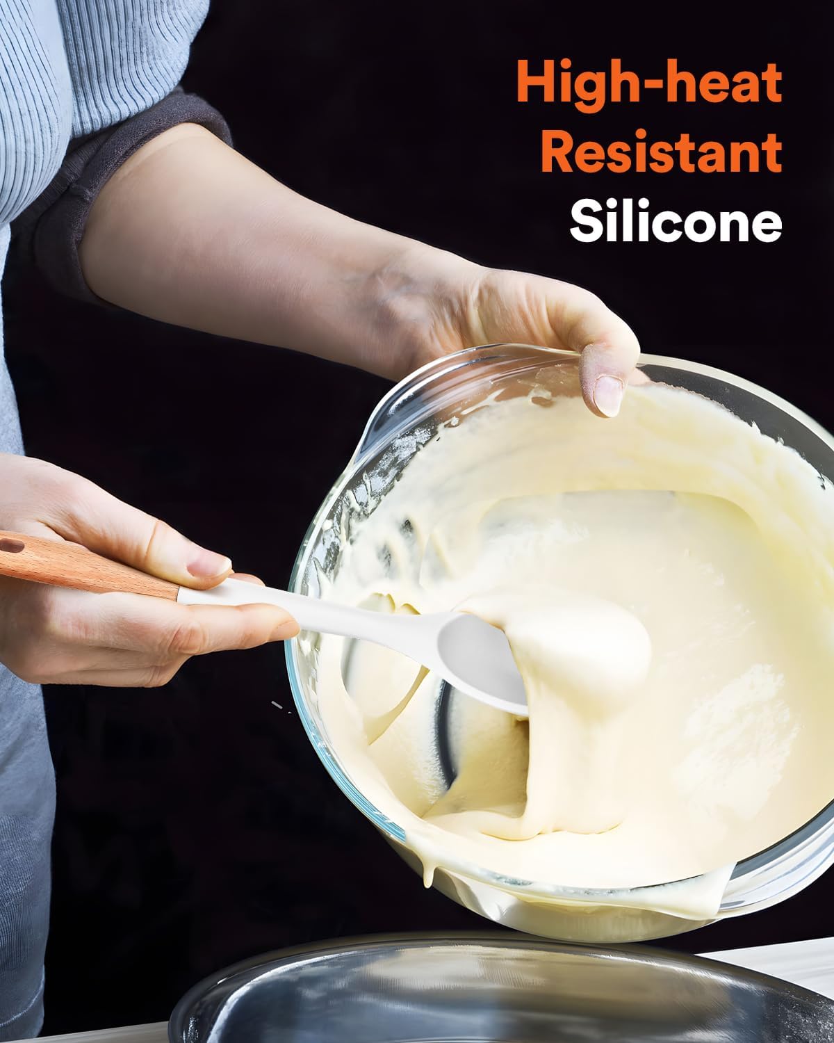 Large Silicone Cooking Spoons, Nonstick Solid Wooden Handle Spoon, Heat Resistan Silicone Kitchen Spoons for Cooking, Serving, Basting, Mixing, 13.2inch (WHITE)