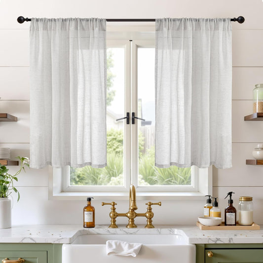 BGment Light Grey Linen Curtains for Kithchen Cafe Window 40 Inch Length - Rod Pocket Semi Sheer Drapes Light Filtering for Bathroom Bedroom Lightweight Rustic, 2 Panels Set, 42 X 40 Inch