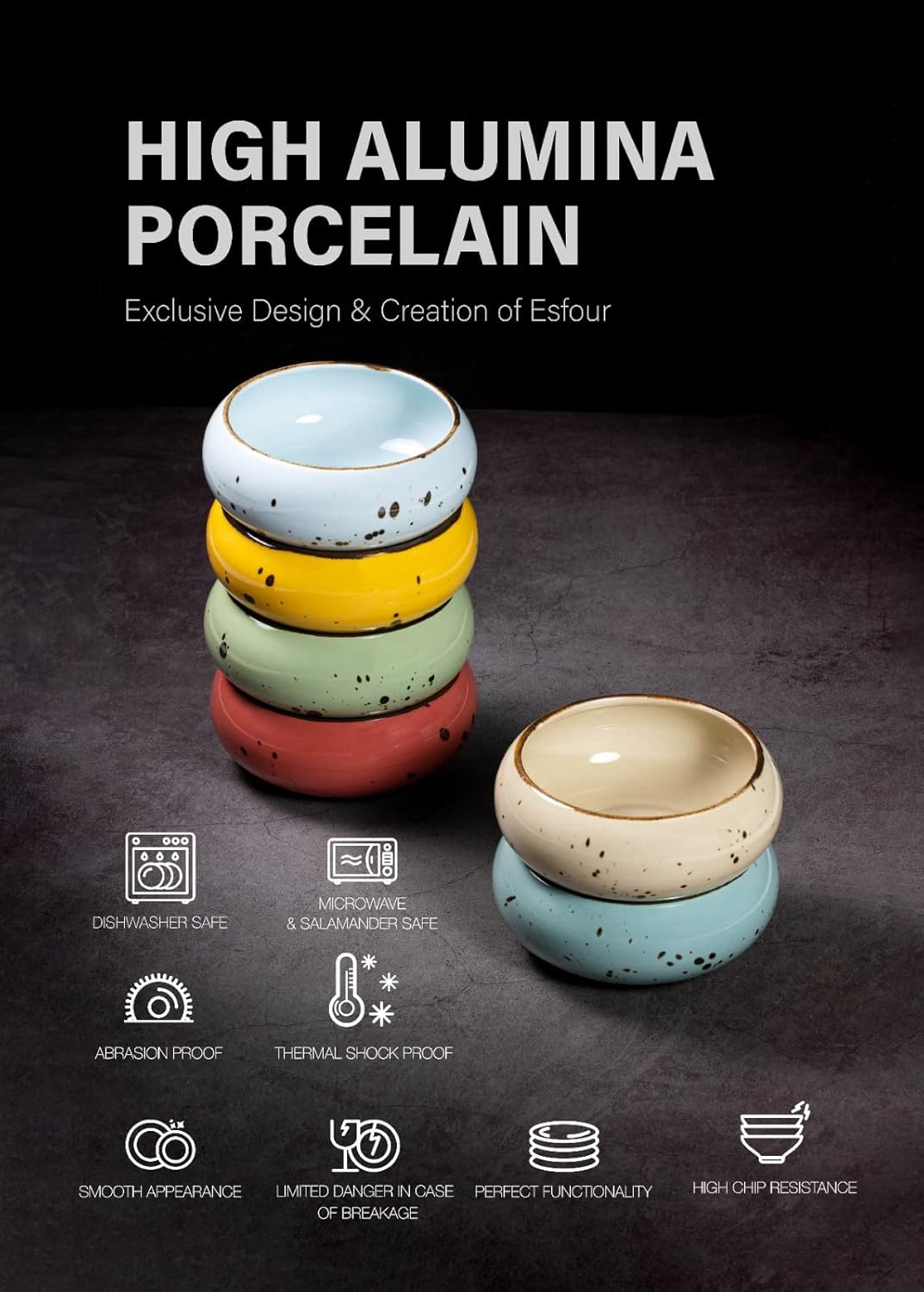 Small Hand Craft Dessert Bowls - 13.5oz, Set of 6 - Microwave, Oven, Dishwasher Safe, Ice Cream, Soup, Snacks, Rice, Cereal, Chili, Side Dishes, Dips, Ideal Gift - Vivid Assorted Color