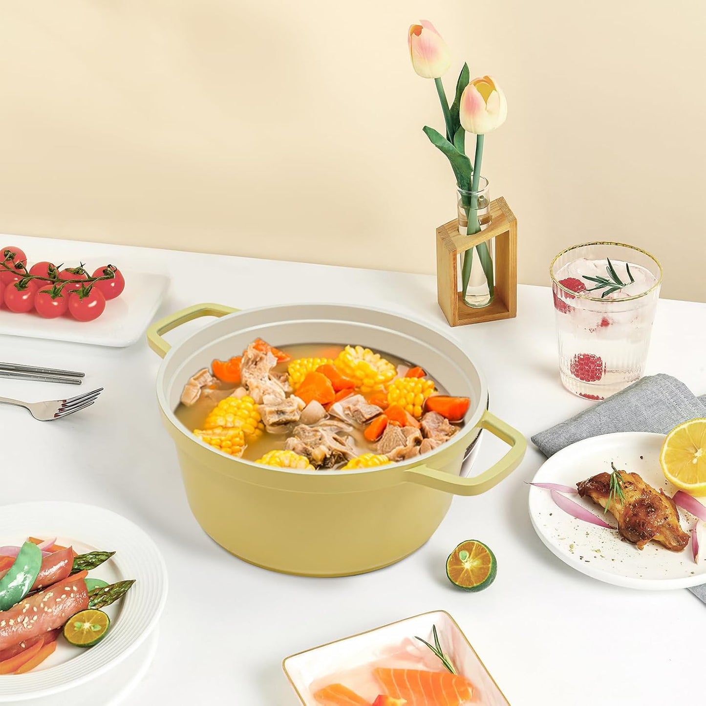 4L Stew Pot with Lid Modern Round Dutch Oven Pot with Lid Ceramic Stew Pot Casserole Dish with Dual Handles for Home Restaurant Kitchen (Yellow)