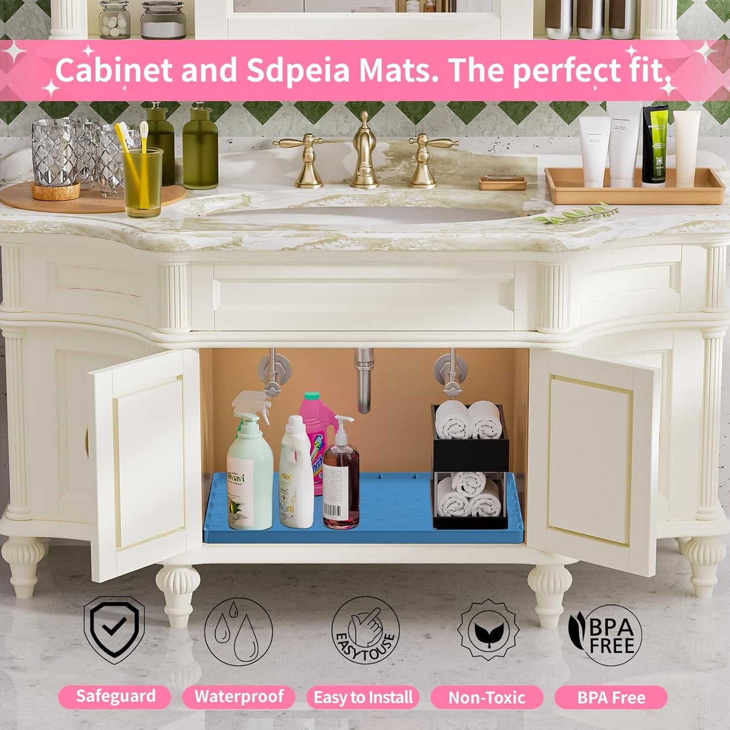 Sdpeia Under Sink Mat for [22" x 19"] Cabinet, Upgraded Silicone Waterproof Mat Kitchen Cabinet Liner Cabinet Protector Kitchen Organizers and Storage