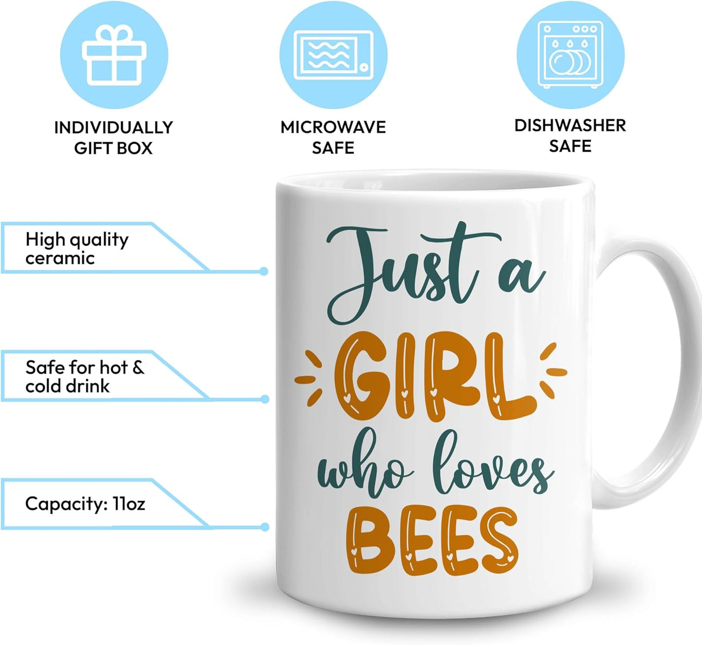 Hyturtle Personalized Gifts Bee Lover - Just A Girl Who Loves Bees Custom Name Ceramic Coffee Mug Cup 11oz - Idea Cute Animal Lover Gifts For Women, Girl Daughter On Birthday, Christmas