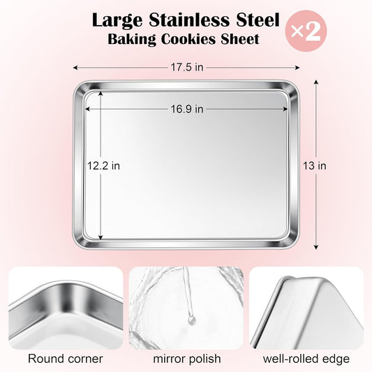 E-far Cookie Sheets for Baking, 18”x13” Stainless Steel Baking Sheet Pans for Oven, Large Non Toxic Metal Baking Tray for Baking Roasting, Healthy & Rust Free, Mirror Finish & Dishwasher Safe, 2 Pack