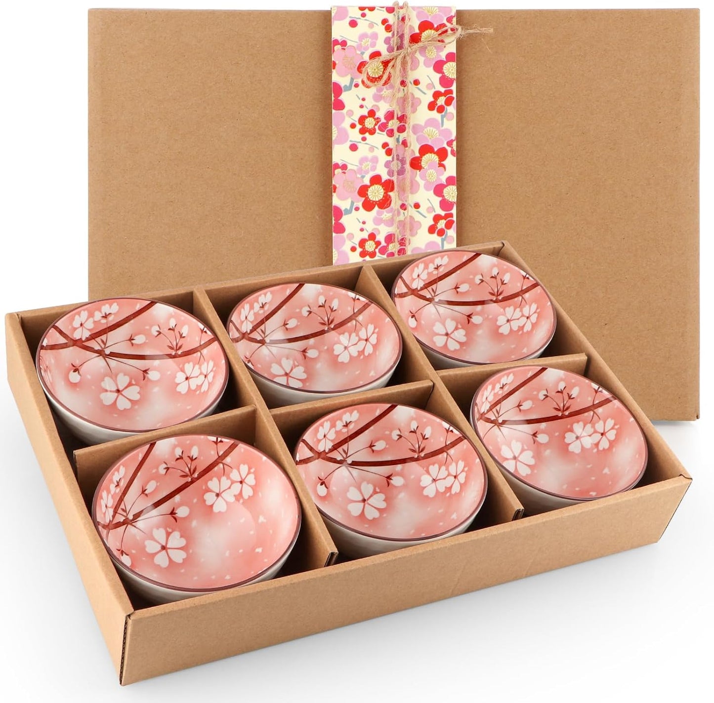 Ceramic Rice Bowls 10 oz, Sakura Bowl Gift Set, Dinnerware Serving Bowls for Rice, Cereal, Noodle, Soup, Desserts, Pack of 6 (Pink)