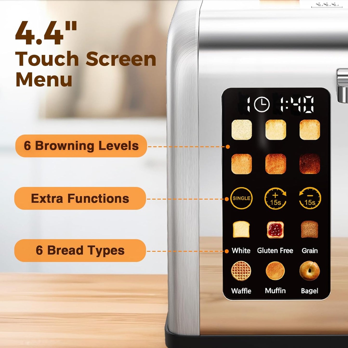 2 Slice Touch Screen Toaster, Stainless Steel Toaster with Wide Slots for Bagels and Bread, Reheat/Defrost/Cancel Functions, Removable Crumb Tray, Silver