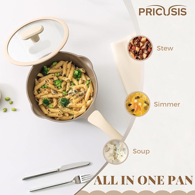 PRICUSIS Nonstick Saucepan with Lid, 2.7 Quart Sauce Pan, Healthy Sauce Pot with Pour Spouts for Multipurpose Use, PFOA Free, Induction Compatible, Apricot