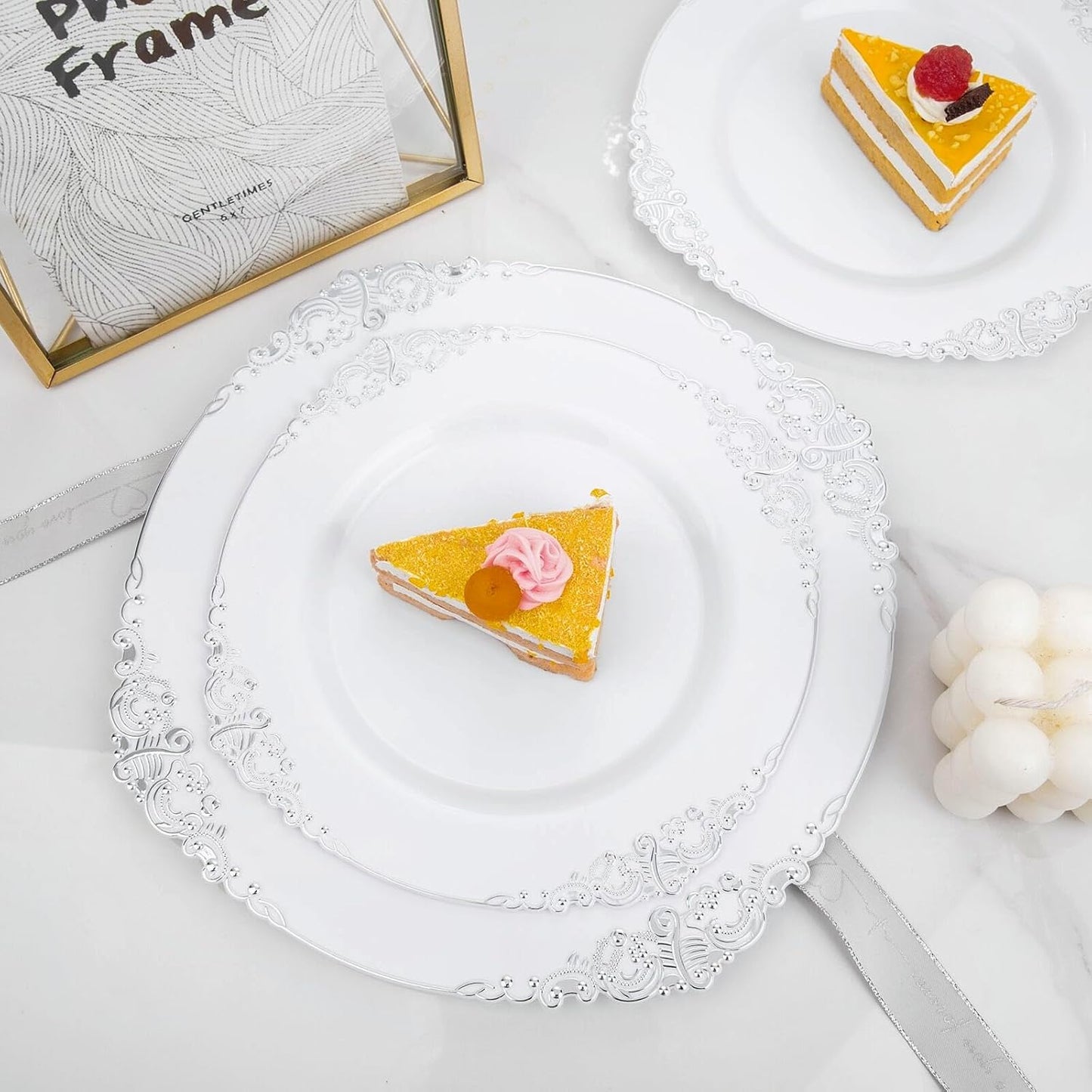 102PCS White and Silver Plastic Plates - Heavyweight Silver Plate - Wedding Plate with Silver Rim - Fancy Dinner & Dessert Plates for 51 Guests Weddings & Parties & Christmas