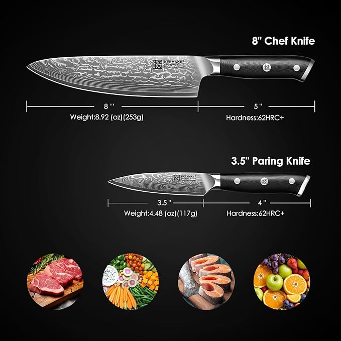 KEEMAKE Damascus Kitchen Knife Set 2 PCS, Ultra Sharp 67 Layer Damascus Steel Chef Knife and Paring Knife, Knives Set for Kitchen with G10 Non-slip Handle for Meat Vegetable Fruit