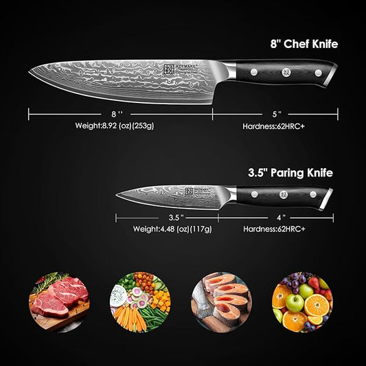 KEEMAKE Damascus Kitchen Knife Set 2 PCS, Ultra Sharp 67 Layer Damascus Steel Chef Knife and Paring Knife, Knives Set for Kitchen with G10 Non-slip Handle for Meat Vegetable Fruit