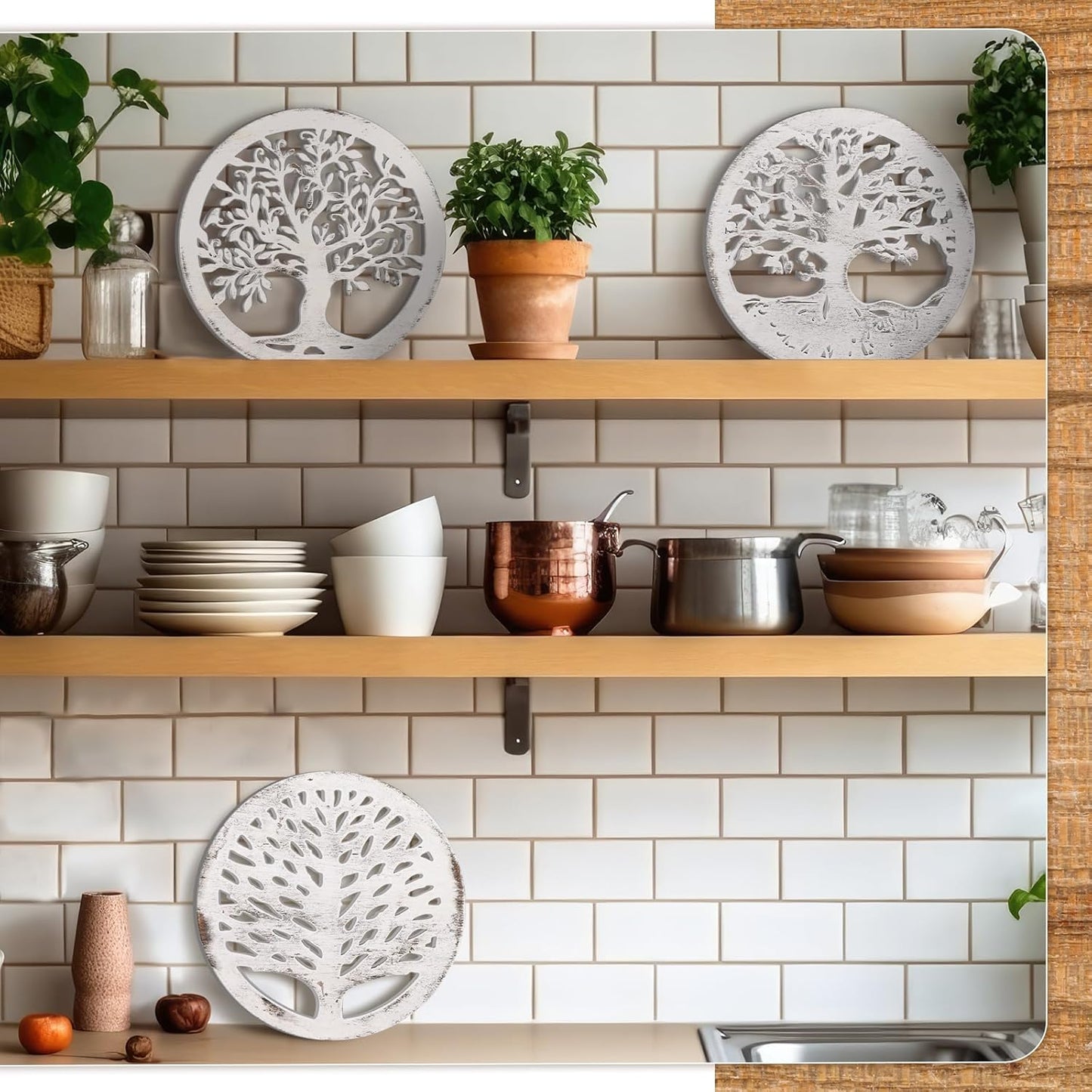 3 Pcs Life Tree Wooden Trivets for Hot Dishes 8 Rustic Round Tree Trivet Set Hot Plate Holders Heat Resistant Polite Trees Coasters for Table Dishes Pots and Pans(White)