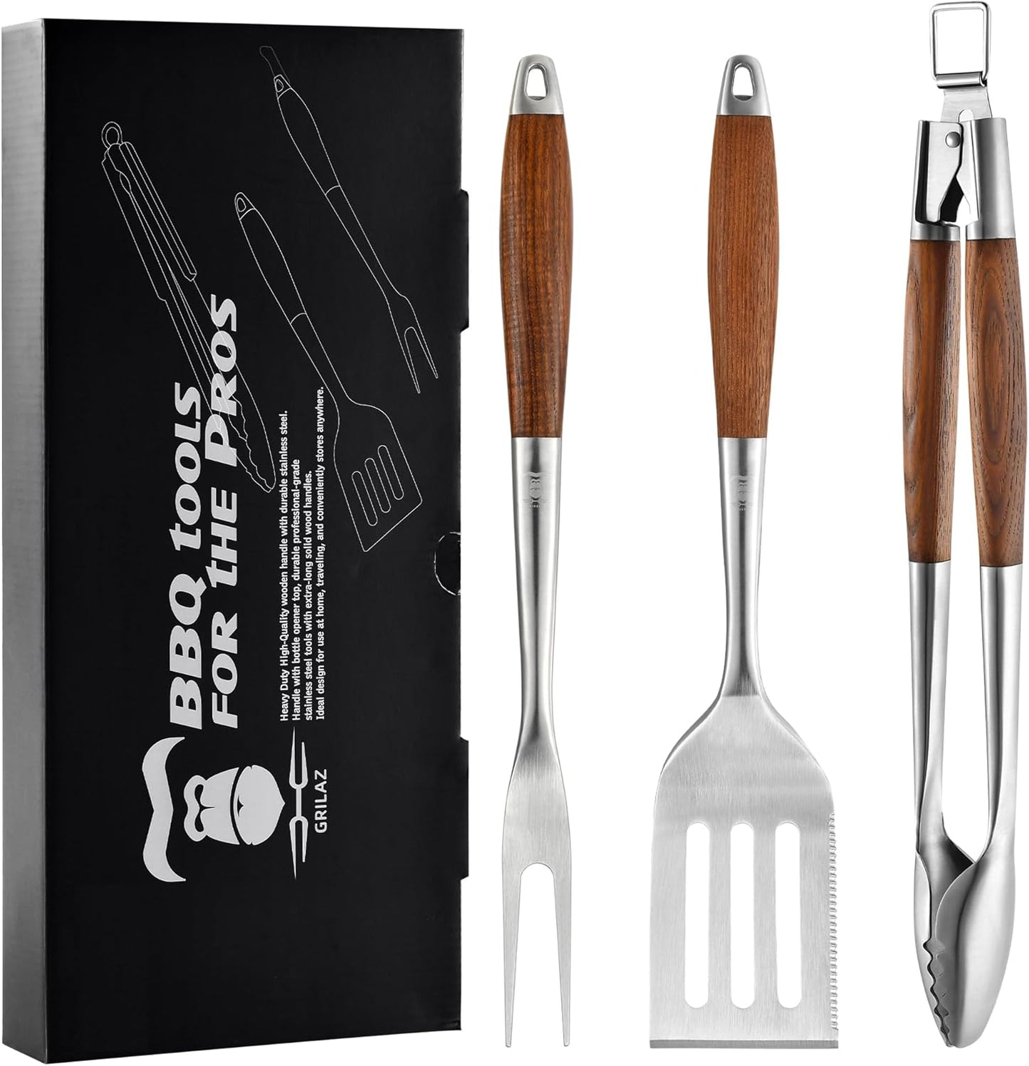 Heavy-Duty Heat-Treated Ash Wood BBQ Grilling Tools Set | Extra-Thick Stainless Steel Spatula, Fork & Tongs | Essential Barbecue Accessories, for Grill Enthusiasts