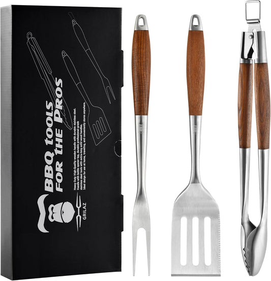Heavy-Duty Heat-Treated Ash Wood BBQ Grilling Tools Set | Extra-Thick Stainless Steel Spatula, Fork & Tongs | Essential Barbecue Accessories, for Grill Enthusiasts