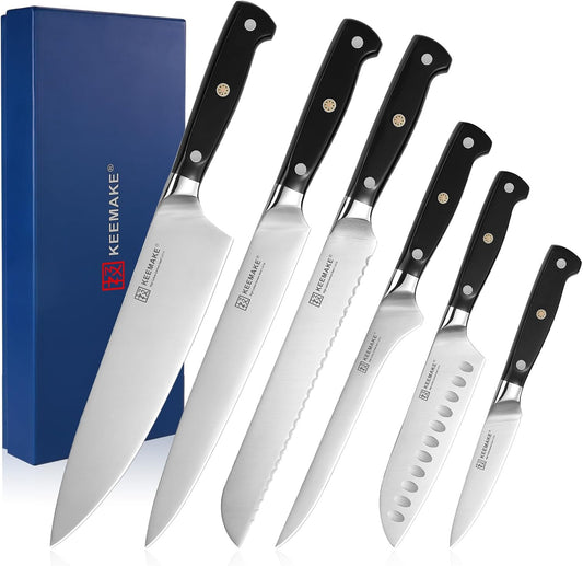 KEEMAKE Chef Knife Set, 6PCS Ultra Sharp Kitchen Knives with Ergonomic Handle, High Carbon Stainless Steel Kitchen Knife Set, Forged Cooking Knife Set for Slicing Meat Vegetable Bread And Fruit