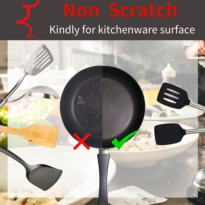 Large Cooking Utensils Set of 4Silicone Slotted&Solid Spatula and Spoon,Non-stick&Heat Resistant Silicone Kitchen Utensils,Ideal Kitchen Cookware for Turning, Fried, Draining, Mixing (Black)