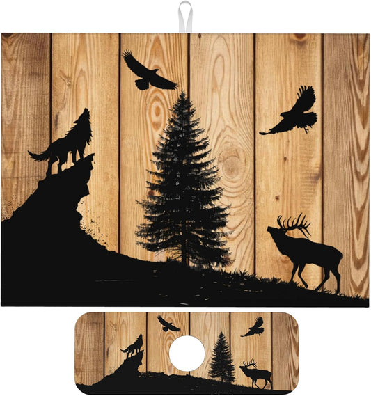 Retro Rustic Wolf Deer Forest Brown Wood Dish Drying Mat for Kitchen Counter, 18"x24" Microfiber Absorbent Fast Dry Mat, 2Pcs Dish Mat Faucet Mats Sets, Large Drying Kitchen Mat Kitchen Drying Pad