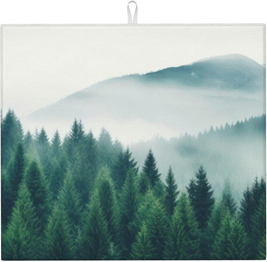 Forest Trees Mountain Dish Drying Mat 16x18 Inch, Microfiber Absorbent Fast Dry Mat Large Dish Mat Drying Kitchen Mat, Kitchen Drying Pad for Kitchen Counter Coffee Bar Decor Gifts