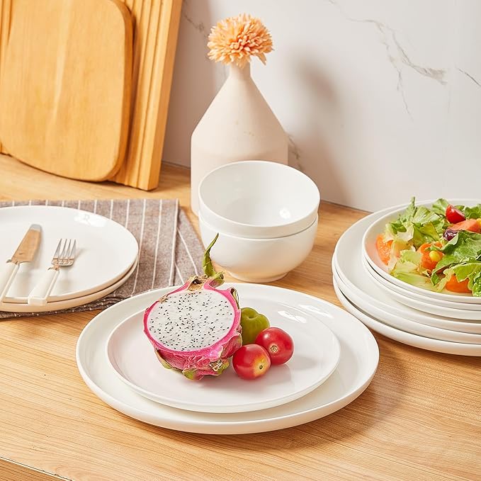 AntoKueh White Ceramic Plates Set of 6, 8.2 Inch Round Porcelain Salad Plate, 6-piece dishes with shallow Edge for Appetizer, Steak, Dishwasher/Microwave safe