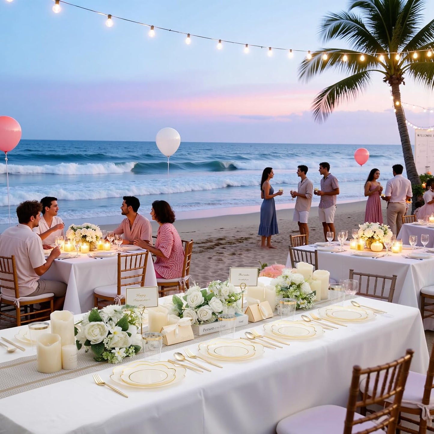 EI 180pcs Beige Plastic Plates with Gold Plastic Silverware,Heavy-Duty Disposable Plates for Party,White Dinnerware Set for 30 Guest Wedding,Birthday