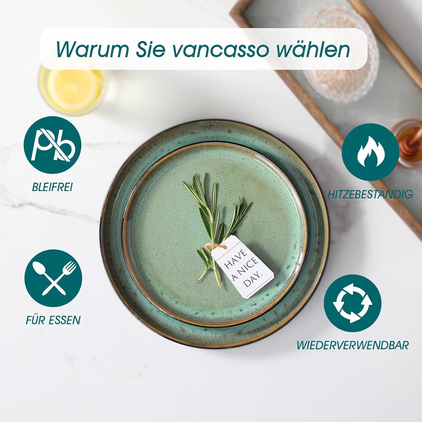 vancasso Plates and Bowls Sets, 18 Pieces Stoneware Dinnerware Sets for 6, Kitchen Dish Set Mircowave and Dishwasher Safe Dinner Set Ceramic Dishware, Turf Green, Series AMBER