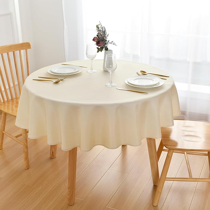 JIUZHEN Round Textured Table Cloth Linen Wrinkle Free Stain Resistant Farmhouse Decorative Circular Tablecloth for Kitchen, Dining, Party, Wedding, Outdoor Use (45 Inch Round,Champagne)