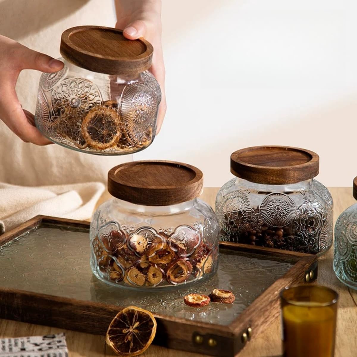 Vintage Glass Jar, 25.3 FL OZ Glass Food Storage Jar, Glass Canister with Wooden Lid, Decorative Glass Jar for Home Kitchen Coffee, Tea, Candy, Sugar Jar