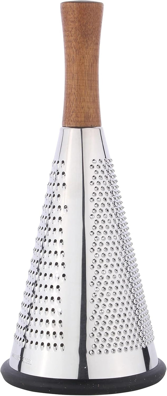 Cone Cheese Grater with Handle Stainless Steel Triple Function Wood Handle Parmesan Shaver Non-Slip Rubber Bottom Hand Held Multifunction Vegetables Cheese Grater with container (L: 10.6" X 4.7")
