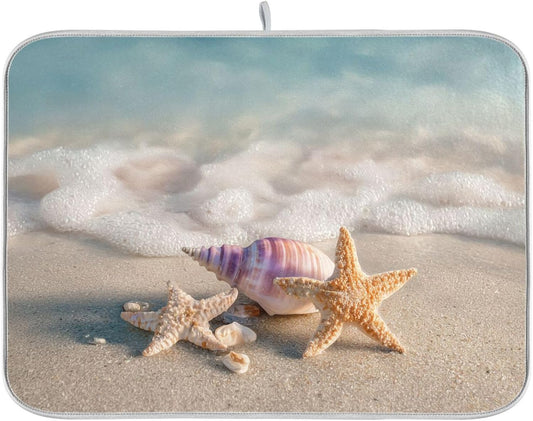 Beach Sand Seashells Starfish Dish Drying Mat for Kitchen Counter Super Absorbent Dishes Pad Reversible Microfiber Protector Dish Draining Mats 16x18 inch