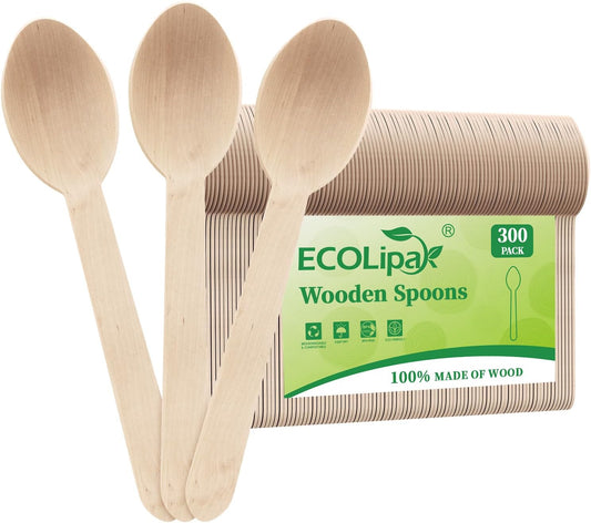 ECOLipak 300 Count Wooden Disposable Spoons, Compostable Wooden Spoons for Party, Camping, Traveling, Family Dinners