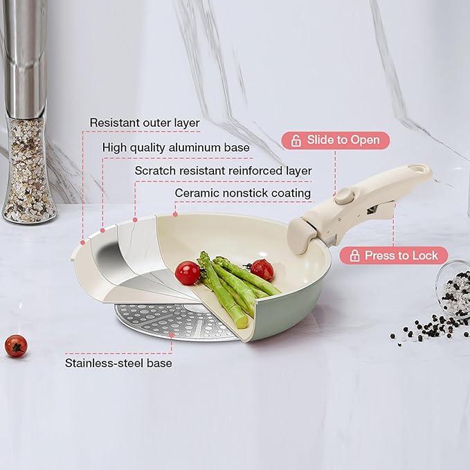 Ceramic Pots and Pans Set Non Stick Green, 8 Pcs Nonstick Cookware Set with Detachable Handle RV Camping Induction Kitchen Cookware Set Non Stick, PFAS PFOA & PTFE Free