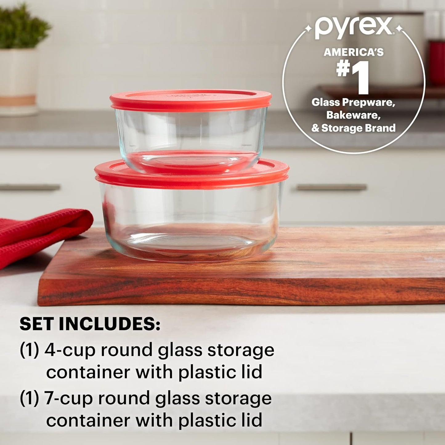 Pyrex Simply Store 2-Pack (4 & 7 Cup) Large Glass Food Storage Containers Set, Snug Fit Non-Toxic Plastic BPA-Free Lids, Freezer Dishwasher Microwave Safe