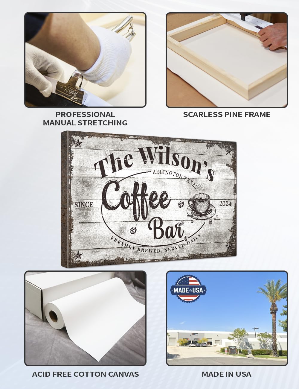 IPIC - Custom Coffee Bar Sign, Large Personalized Canvas Wall Art with Family Name, Vintage Coffee Station Wall Decor Gift for Home or Business, Made in USA