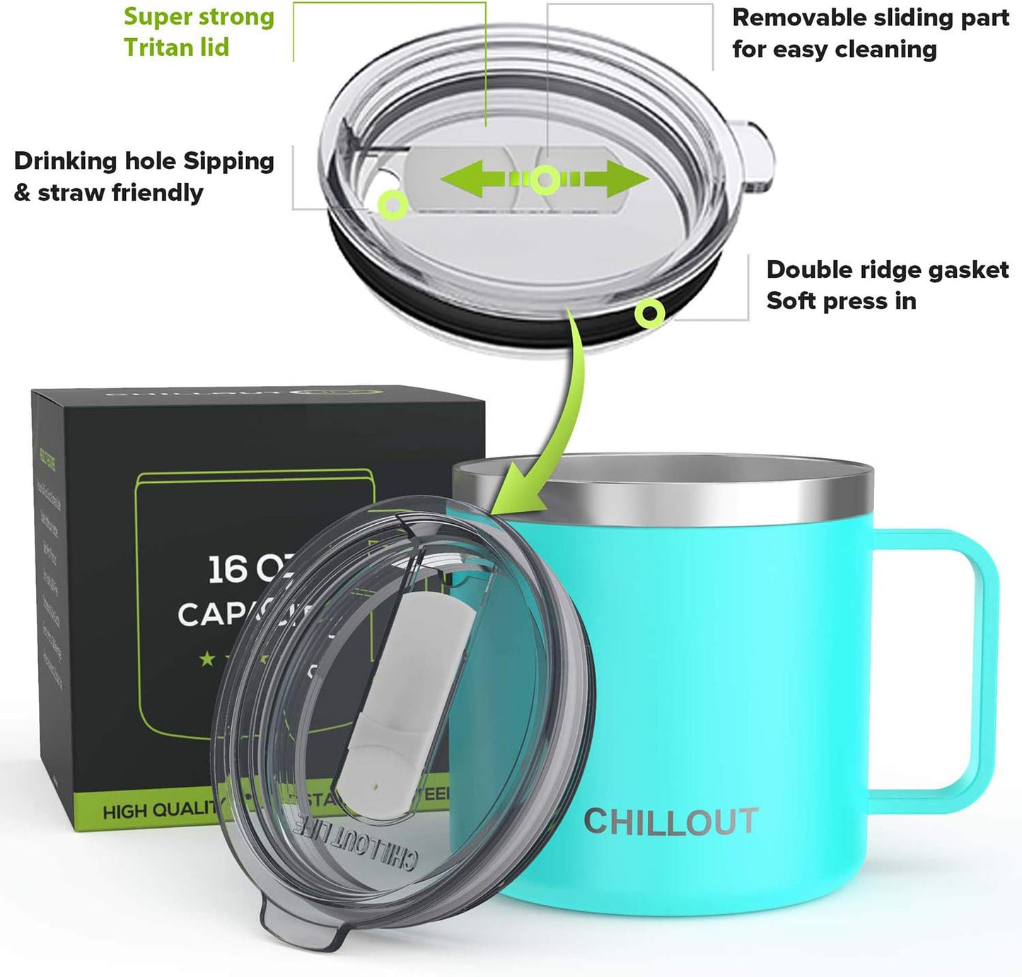 CHILLOUT LIFE Stainless Steel 16 oz Vacuum Insulated Coffee Mug with Handle and Lid, Large Thermal Camping Coffee Mug Cup with Durable Sliding Lid for Men & Women, Keeps your Beverages Hot/Cold