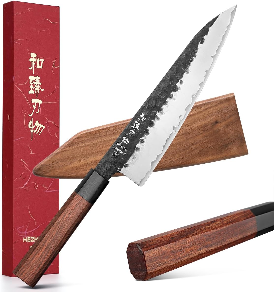 HEZHEN- 8.5 inch Chef Knife,3 Layers High Carbon Composite Forging Steel,Razor Sharp Kitchen Knife, Redwood Octagonal Handle With Wooden Knife Sheath with Premium Gift Box