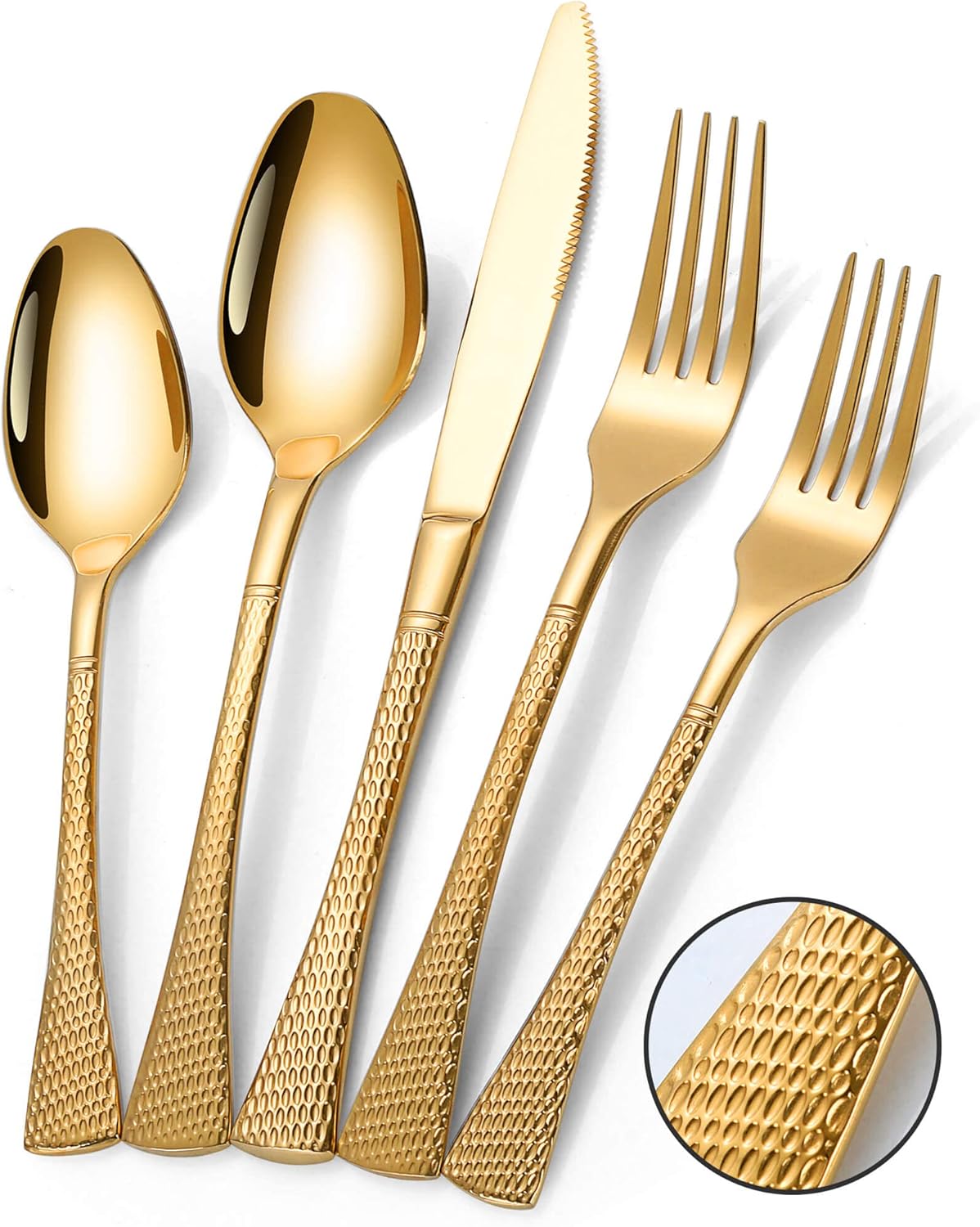 Lemeya Hammered Gold Silverware Set for 8,Stainless Steel 40-Piece Modern Cutlery Set,Mirror Polished Heavy Duty Flatware Set Utensil Set,Knives Spoons and Forks Set,Dishwasher Safe