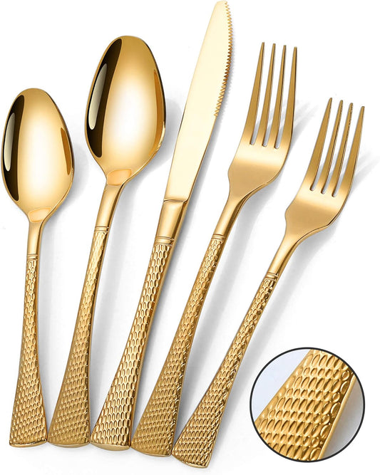 Lemeya Hammered Gold Silverware Set for 8,Stainless Steel 40-Piece Modern Cutlery Set,Mirror Polished Heavy Duty Flatware Set Utensil Set,Knives Spoons and Forks Set,Dishwasher Safe