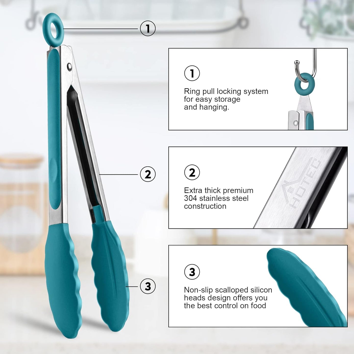 HOTEC Premium Stainless Steel Locking Kitchen Tongs with Silicon Tips, Set of 2-9" and 12", Turquoise
