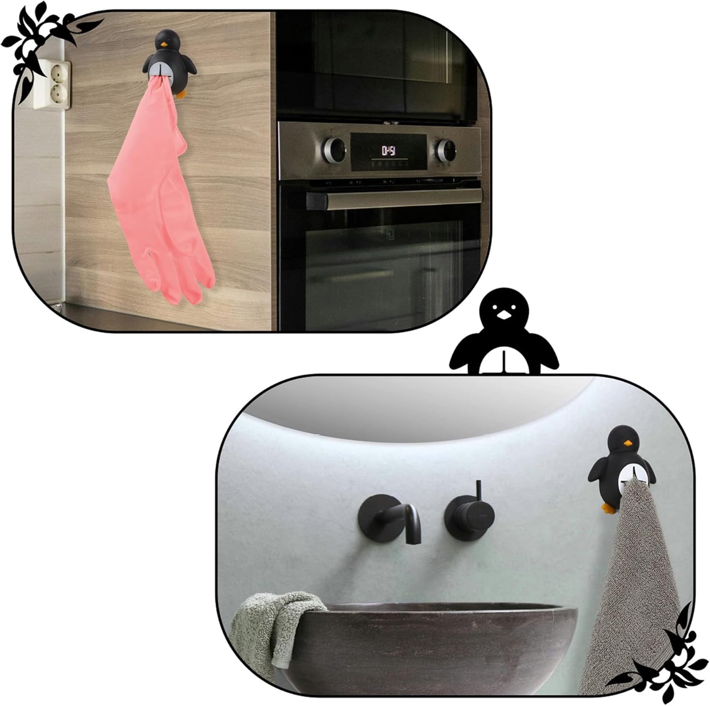 Penguin Silicone Kitchen Towel Hook, Cute Adhesive Push Pull Holder for Dish Rags, Hand Towels, Gloves, Sponge, Bathroom & Kitchen Wall Hooks, Gift for Women Men Friends Home Decor - FGD525