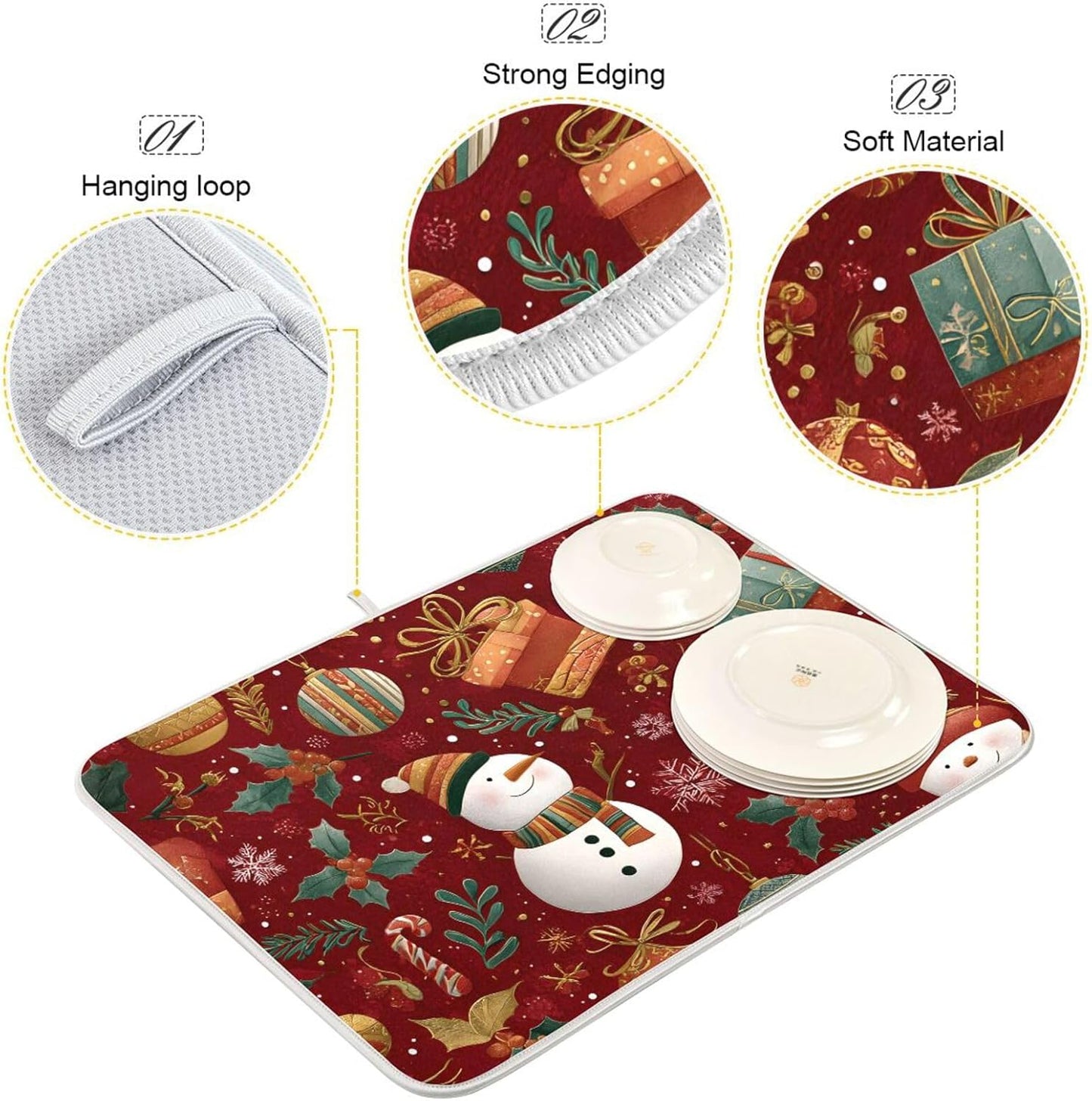 Snowmen Candy Canes and Christmas Dish Drying Mat Super Absorbent Drying Mat 16x18 inch Large Dish Drying Mats for Kitchen Counter Dish Drying Pads Kitchen Drying Matt for Countertop