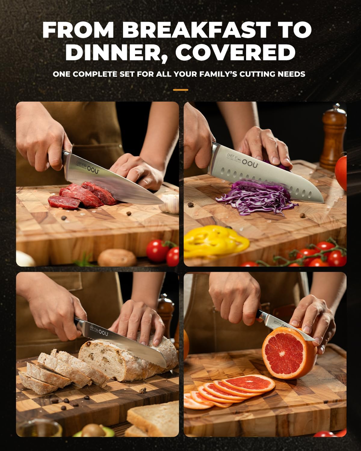 OOU 2025 Kitchen Knife Set with Block, 15-Piece German Stainless Steel Knife Blcok Set with Sharpening Rod, Ergonomic Wood Handle,Premium Razor-Sharp Knives Set for Kitchen