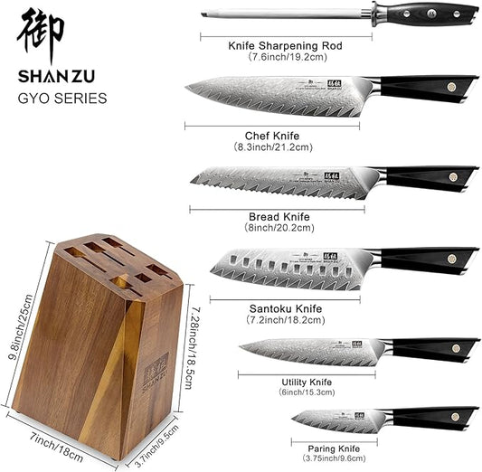 SHAN ZU Damascus Kitchen Knife Set, 7-Piece Professional Knife Sets for Chefs, Japanese 10Cr15CoMoV Super Steel With G10 Handle Knife Block Set, GYO Series