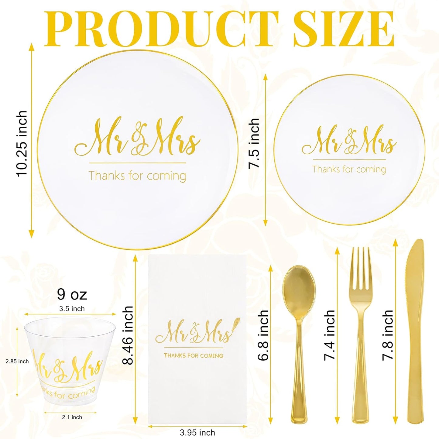 I00000 Mr and Mrs Wedding Plastic Plates and Napkins Set,Bridal Shower Plates Set for 25 Guests Include 25 Dinner Platos,25 Dessert Platos,25 Cups,25 Napkins,25 Gold Cutlery for Engagement Party Decor