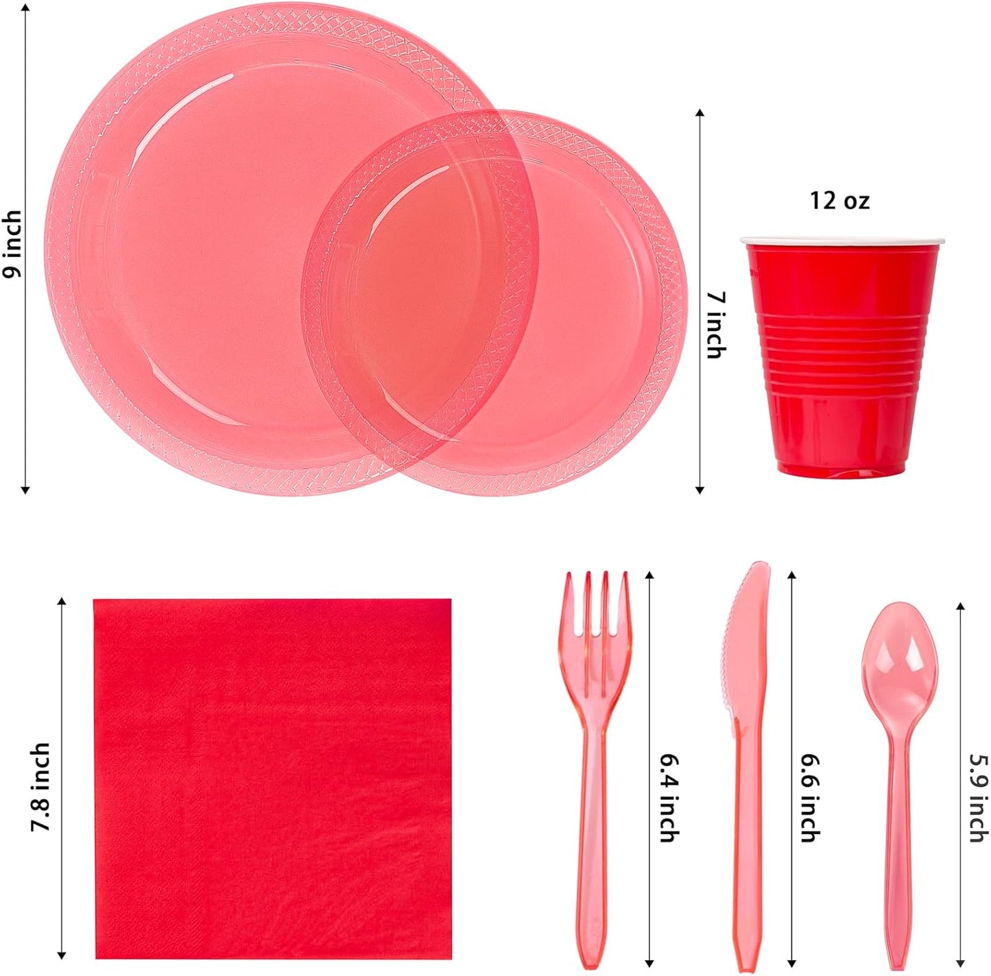 WELLIFE 210Pcs Red Plastic Plates,Clear Red Plastic Dinnerware Set,Party Supplies Including Clear Plates, 12OZ Cups, Disposable Cutlery and Paper Napkins Serve 30 Guests, Disposable Plates for Party